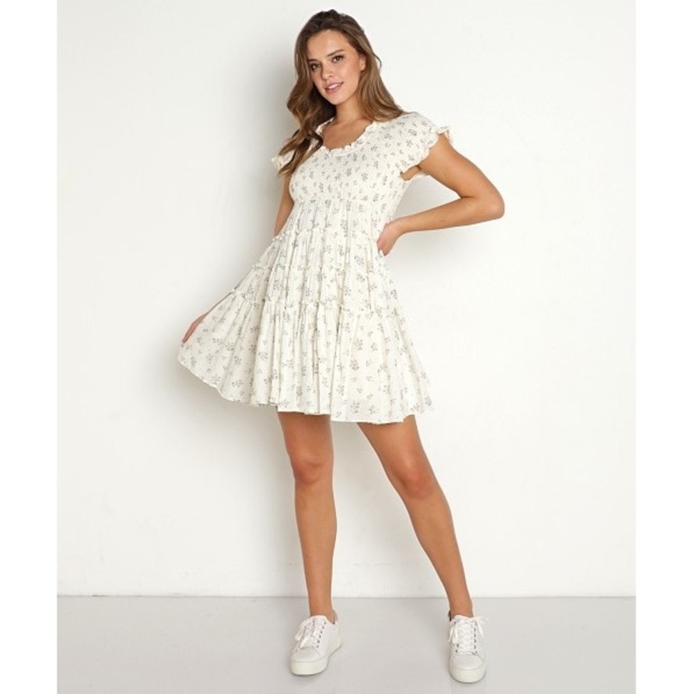 En‎ Saison Refine Vintage Floral Smocked Tiered Mini Dress Natural Cream Small - Picture 2 of 9